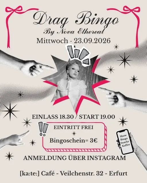 Instagram-Post: Plakat „Drag Bingo by Nova Ethereal“ am 23.09.2026 in der [ka:te:]